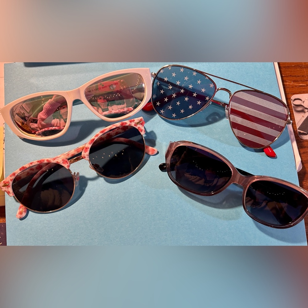 4 pairs of glasses. Patriotic aviator, Vera Bradley, Betsy Johnson and white one